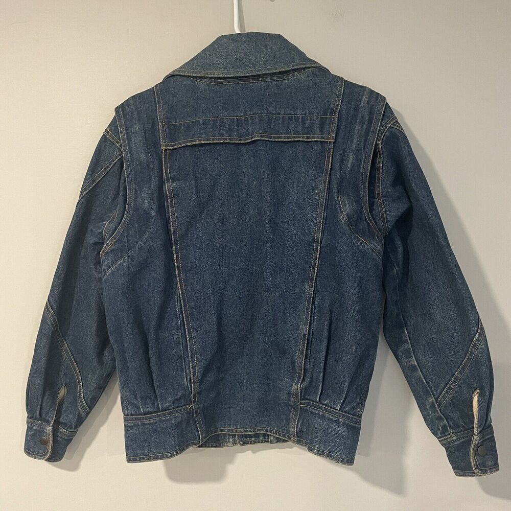 Vintage Jean Jacket Zip Off Sleeves‎ Lined Snaps 1980s Faux Leather Accents Sz 7 - Picture 9 of 10